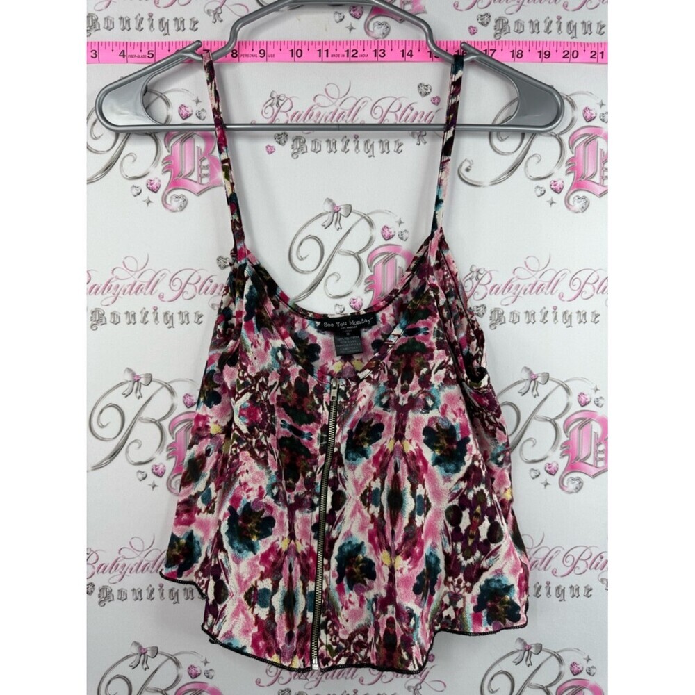 See You Monday tank Pink Floral Zip-Front Cami with Teal & Burgundy Accents